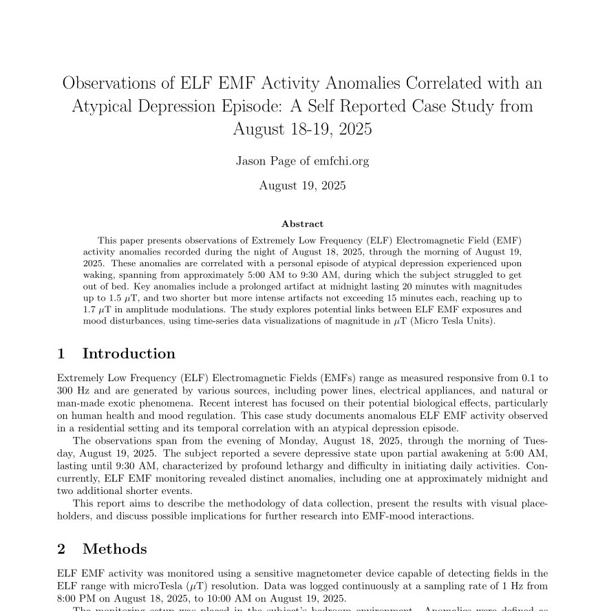 Observations of ELF EMF Activity Anomalies Correlated with an Atypical Depression Episode: A Self Reported Case Study from August 18-19, 2025